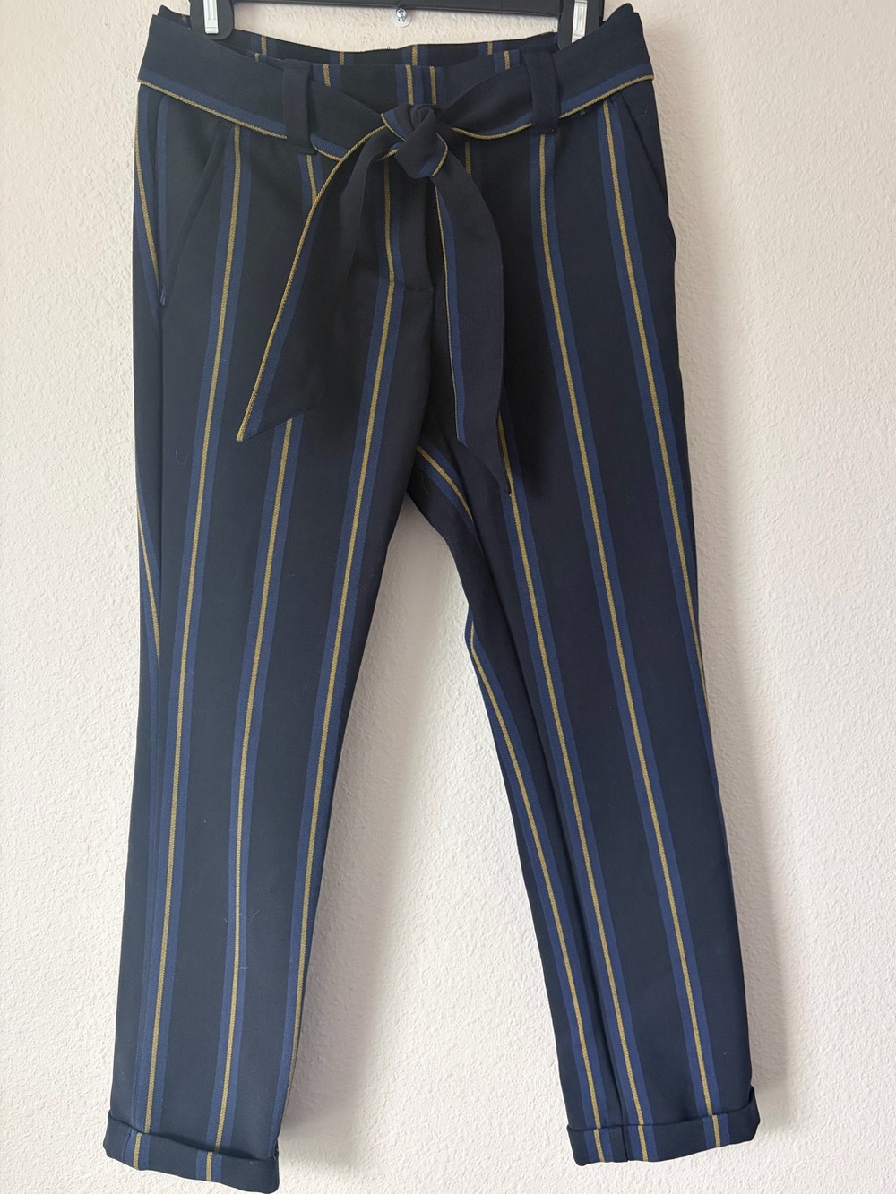 Loft Women’s Navy Blue Striped Pants w/Paperbag Tiewaist&Anklecropped Cuffs 00P